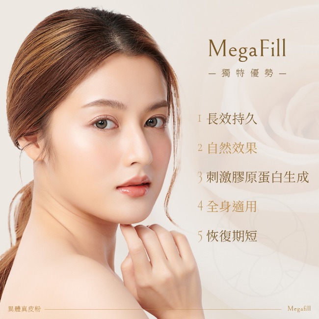 MegaFill 異體真皮粉的獨特優勢分別為長效持久, 自然效果, 刺激膠原蛋白生成, 恢復期短。